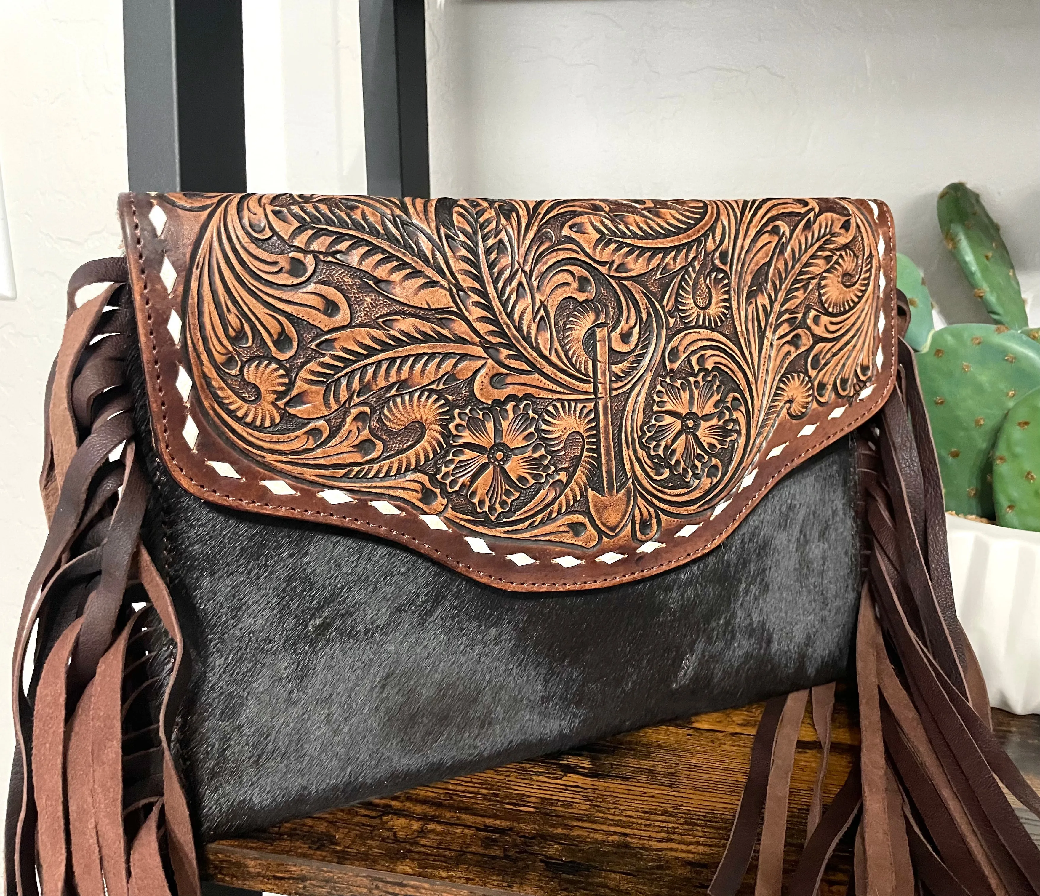 Arrow Leather Tooled and Cowhide Crossbody Bag