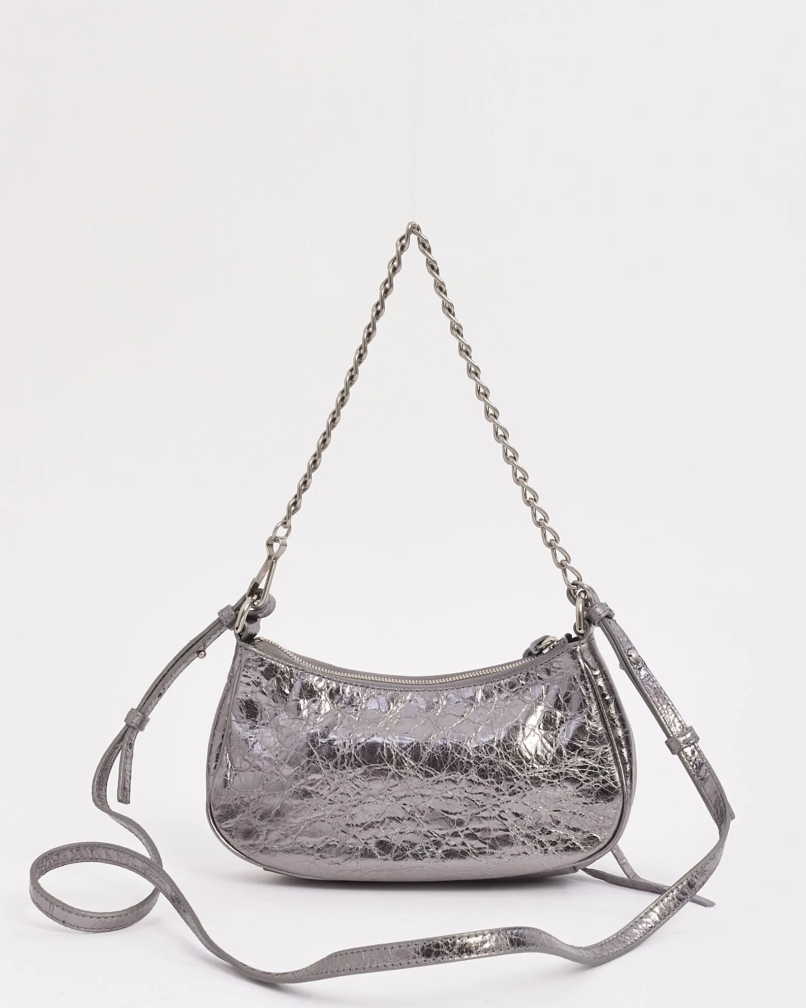 Balenciaga Silver Leather Le Cagole Mini Bag with Chain and Strap