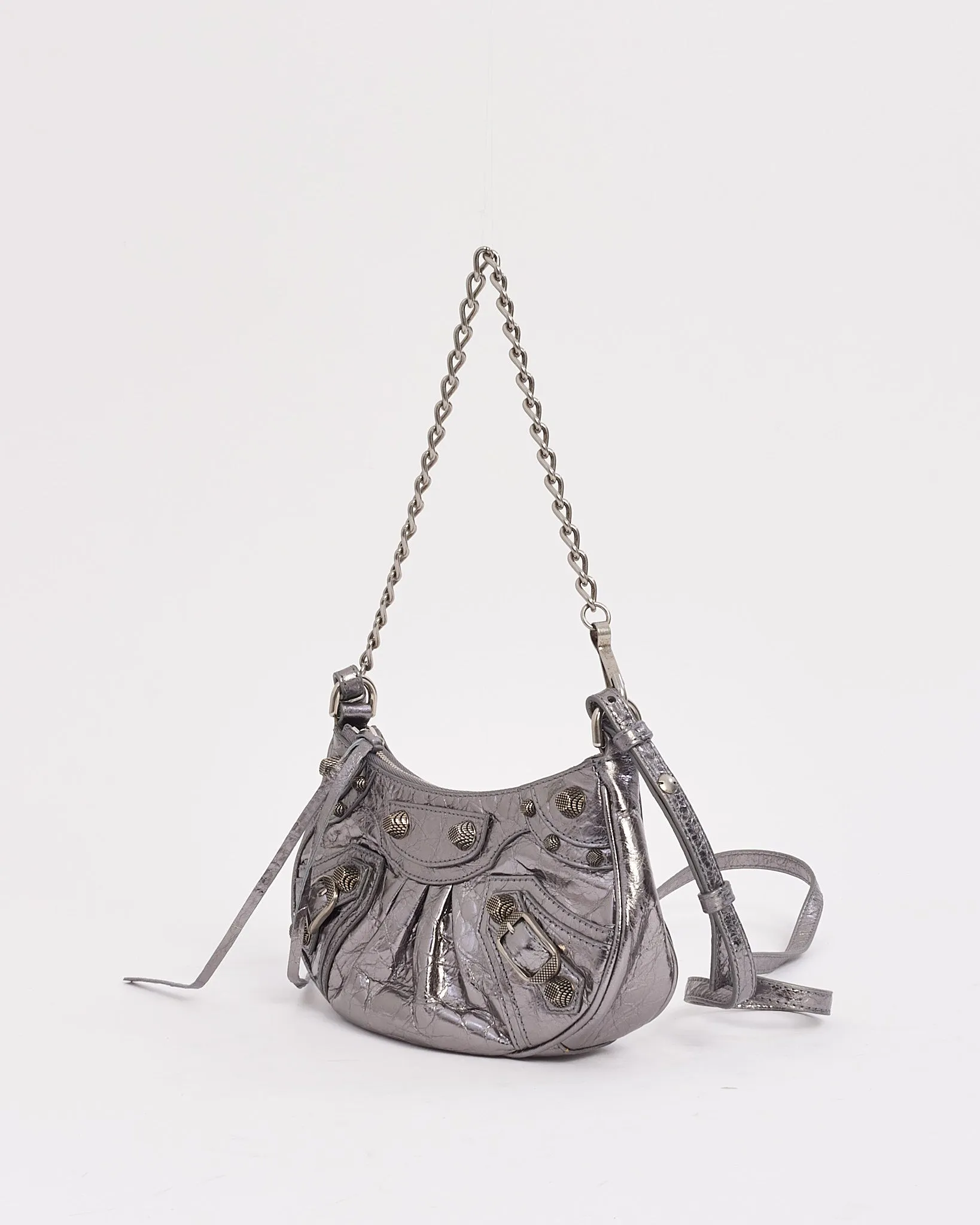 Balenciaga Silver Leather Le Cagole Mini Bag with Chain and Strap