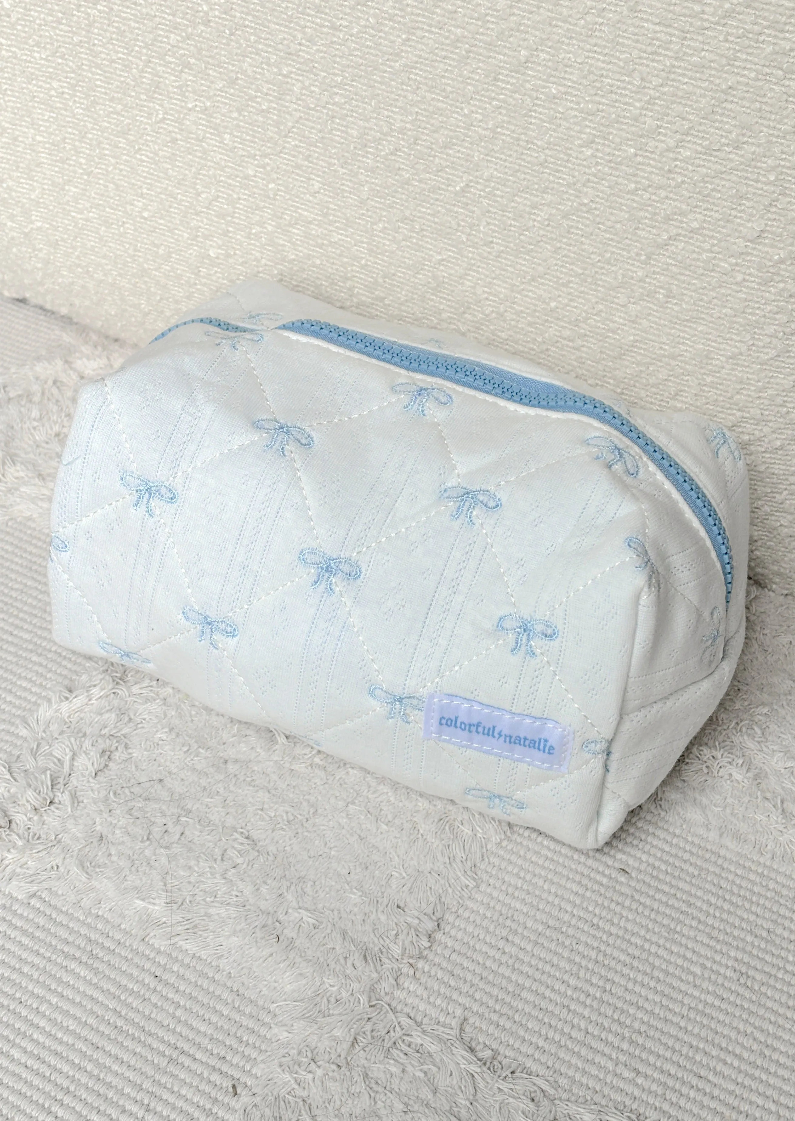 Blue Bows Large Embroidered Makeup Bag
