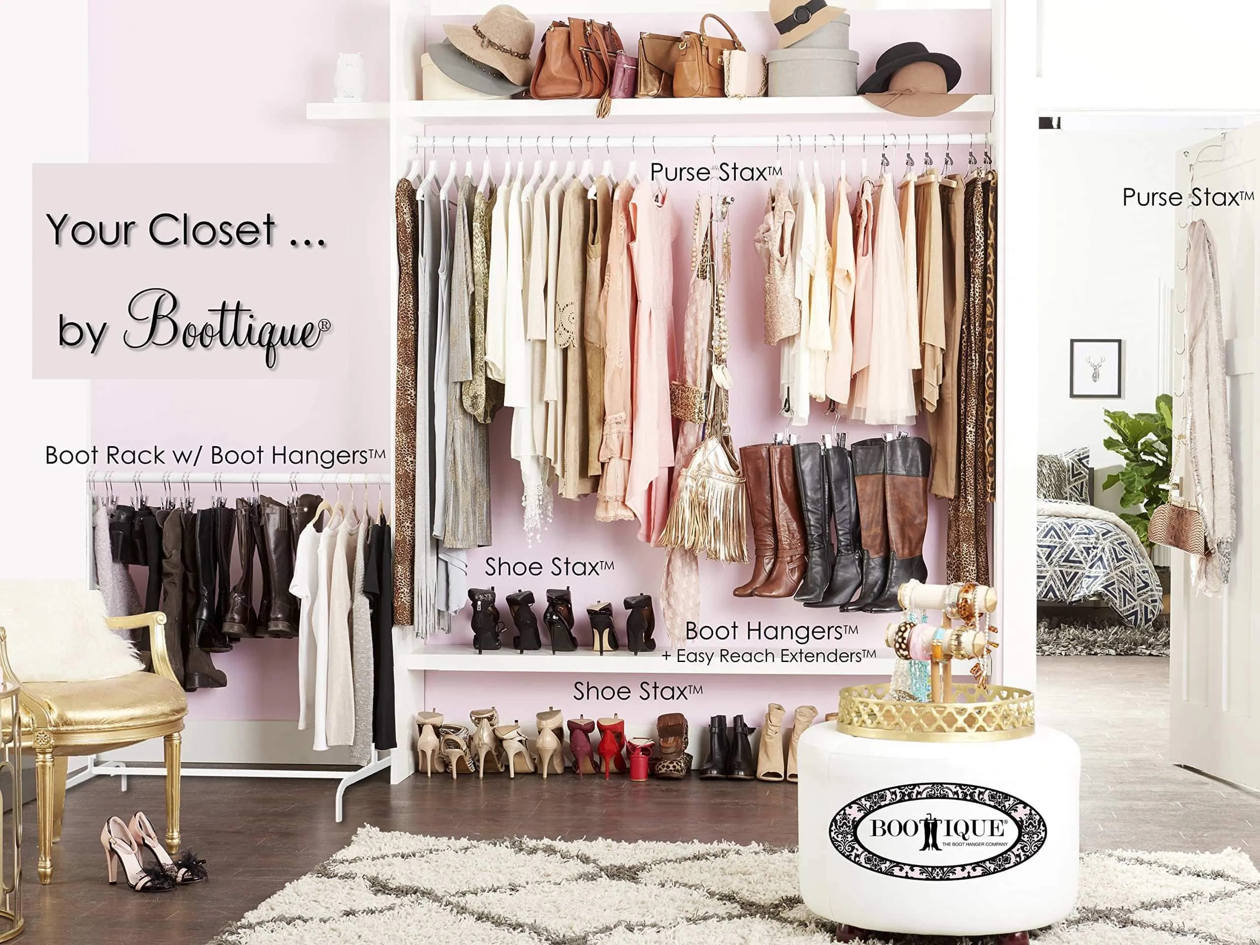 Boottique 2-Pk Over Door Hanging Purse Storage - Durable, Holds 50 POUNDS, ROTATES 360 for Easy Access; Purses, Handbags, Satchels, Crossovers, Backpacks,12 Hooks, Chrome (Set of 2)