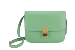 CELINE GREEN GOATSKIN MEDIUM CLASSIC BOX FLAP BAG IN PALM GOLD HARDWARE WITH STRAPS, DUST COVER AND BOX