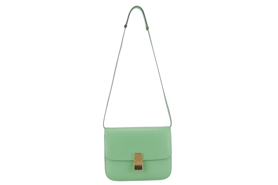 CELINE GREEN GOATSKIN MEDIUM CLASSIC BOX FLAP BAG IN PALM GOLD HARDWARE WITH STRAPS, DUST COVER AND BOX