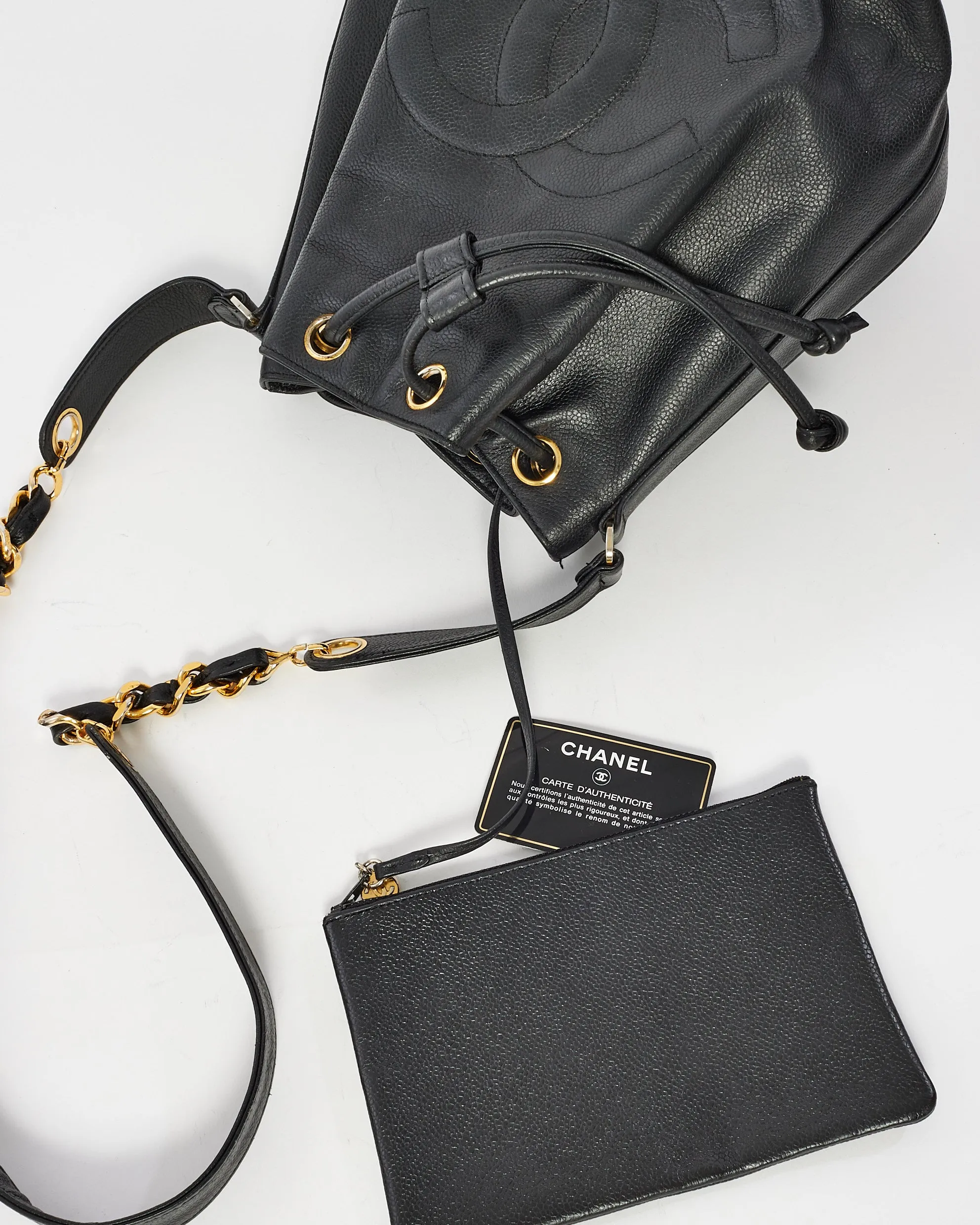 Chanel Black Leather CC Logo Drawstring Bucket Bag