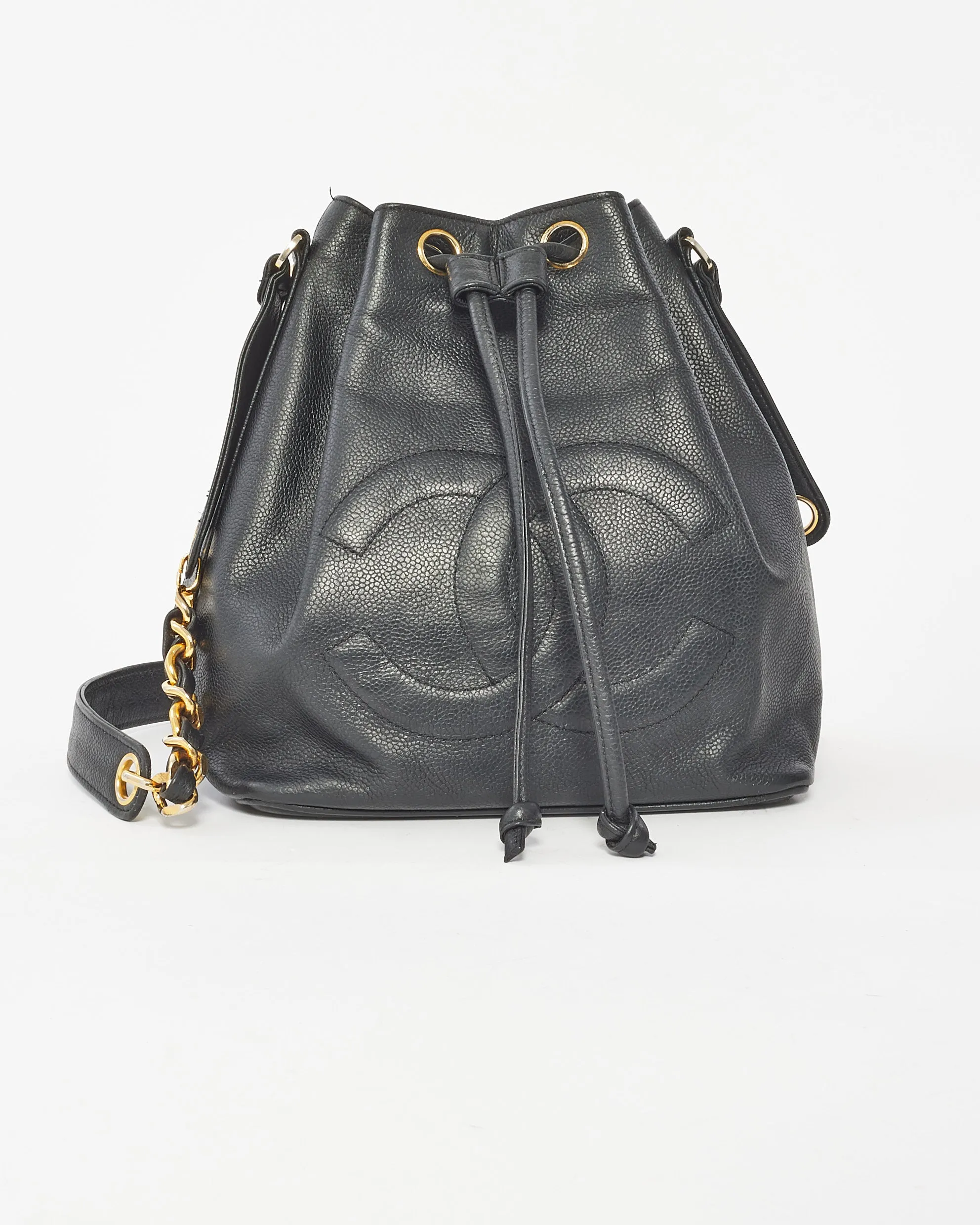 Chanel Black Leather CC Logo Drawstring Bucket Bag