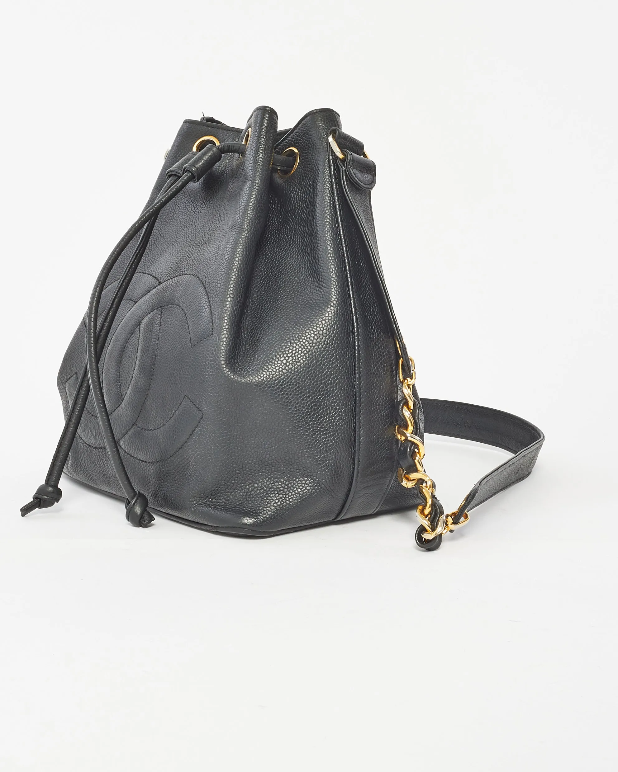 Chanel Black Leather CC Logo Drawstring Bucket Bag