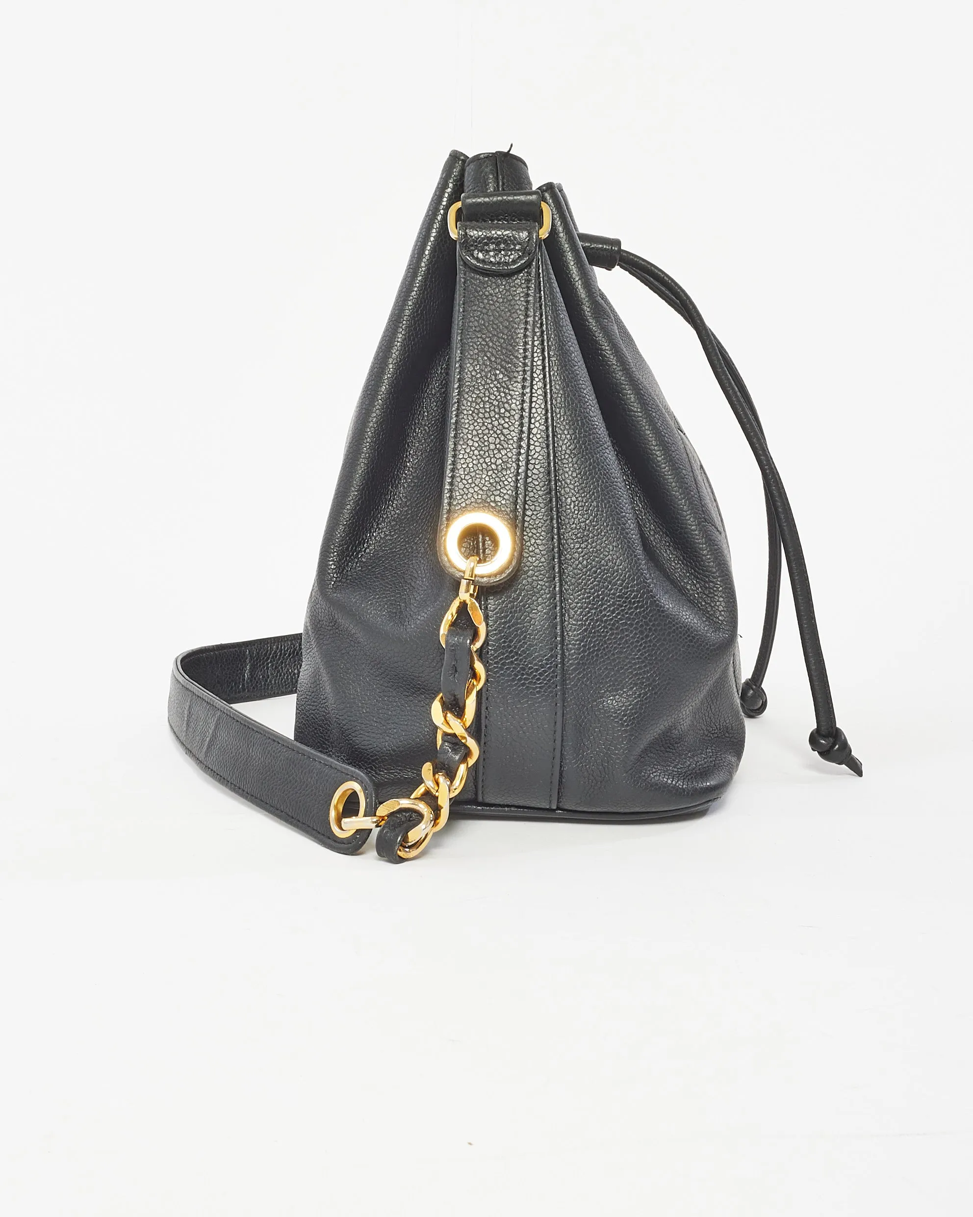 Chanel Black Leather CC Logo Drawstring Bucket Bag