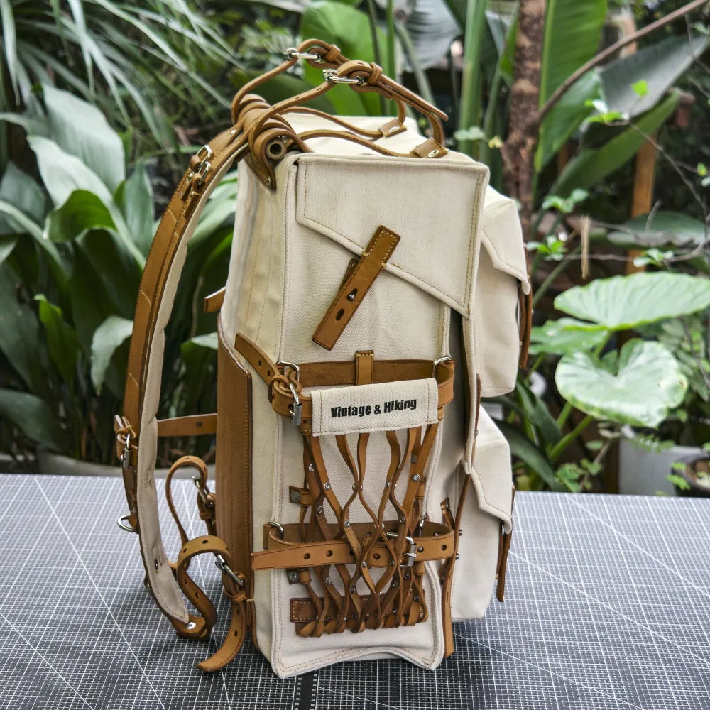 Cotton and linen blended fabric vegetable tanned leather backpack - retro backpack travel, camping, hiking