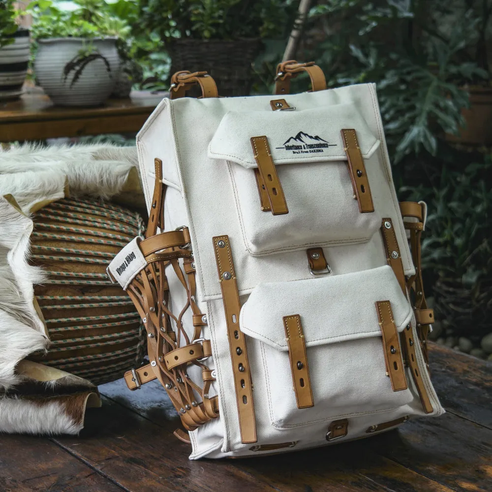 Cotton and linen blended fabric vegetable tanned leather backpack - retro backpack travel, camping, hiking
