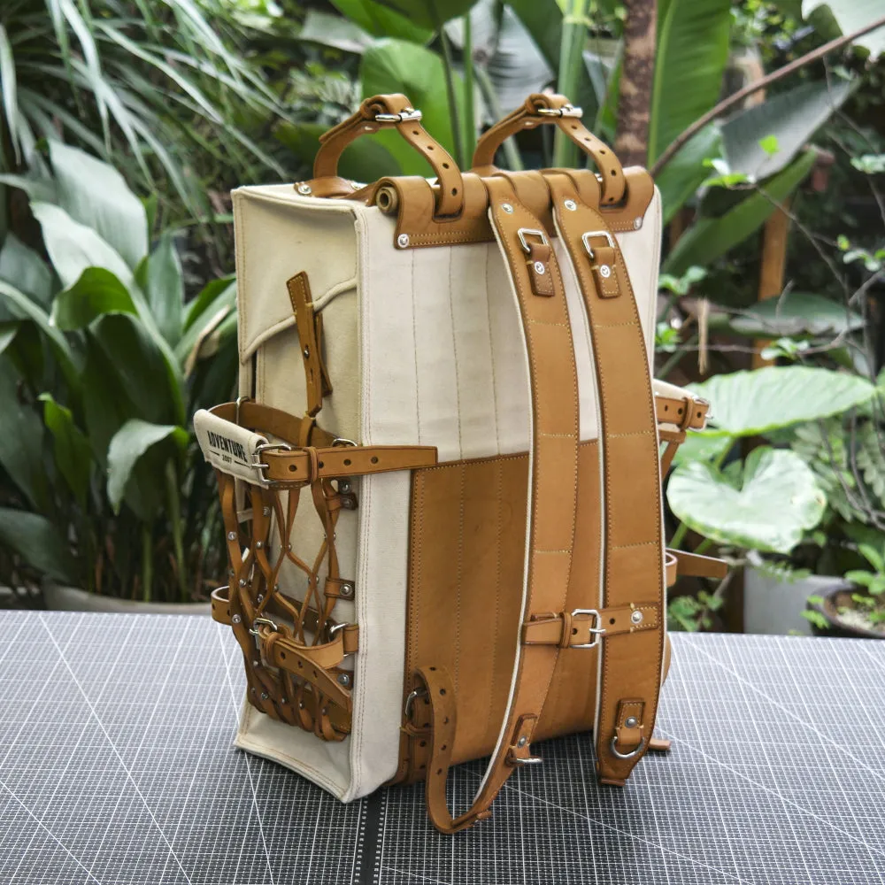Cotton and linen blended fabric vegetable tanned leather backpack - retro backpack travel, camping, hiking