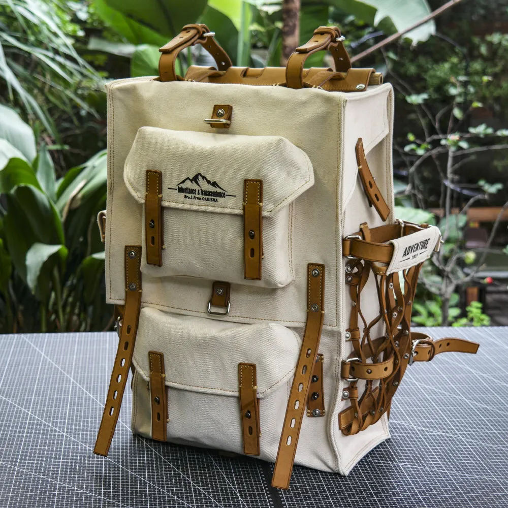 Cotton and linen blended fabric vegetable tanned leather backpack - retro backpack travel, camping, hiking