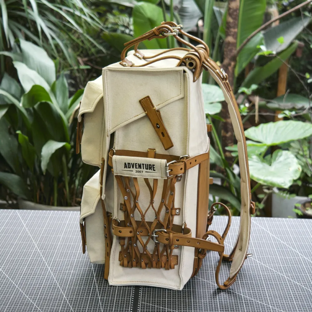 Cotton and linen blended fabric vegetable tanned leather backpack - retro backpack travel, camping, hiking