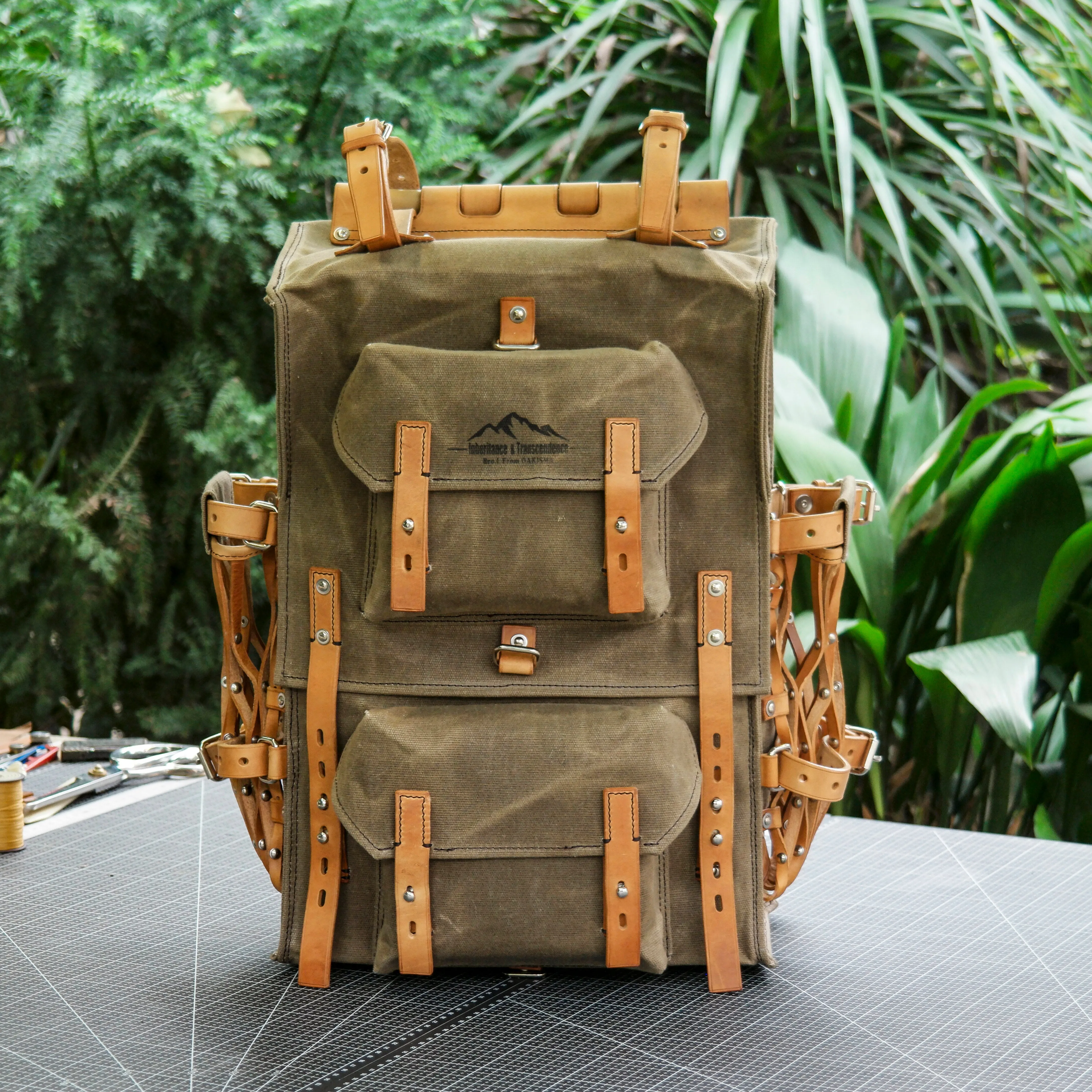 Cotton and linen blended fabric vegetable tanned leather backpack - retro backpack travel, camping, hiking