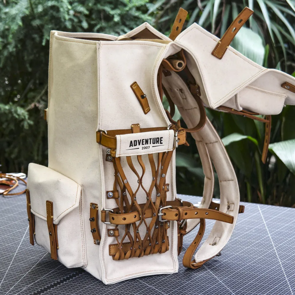 Cotton and linen blended fabric vegetable tanned leather backpack - retro backpack travel, camping, hiking