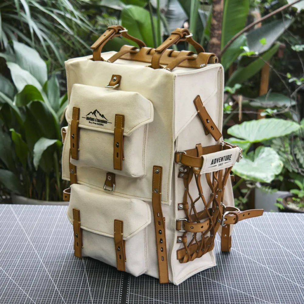 Cotton and linen blended fabric vegetable tanned leather backpack - retro backpack travel, camping, hiking