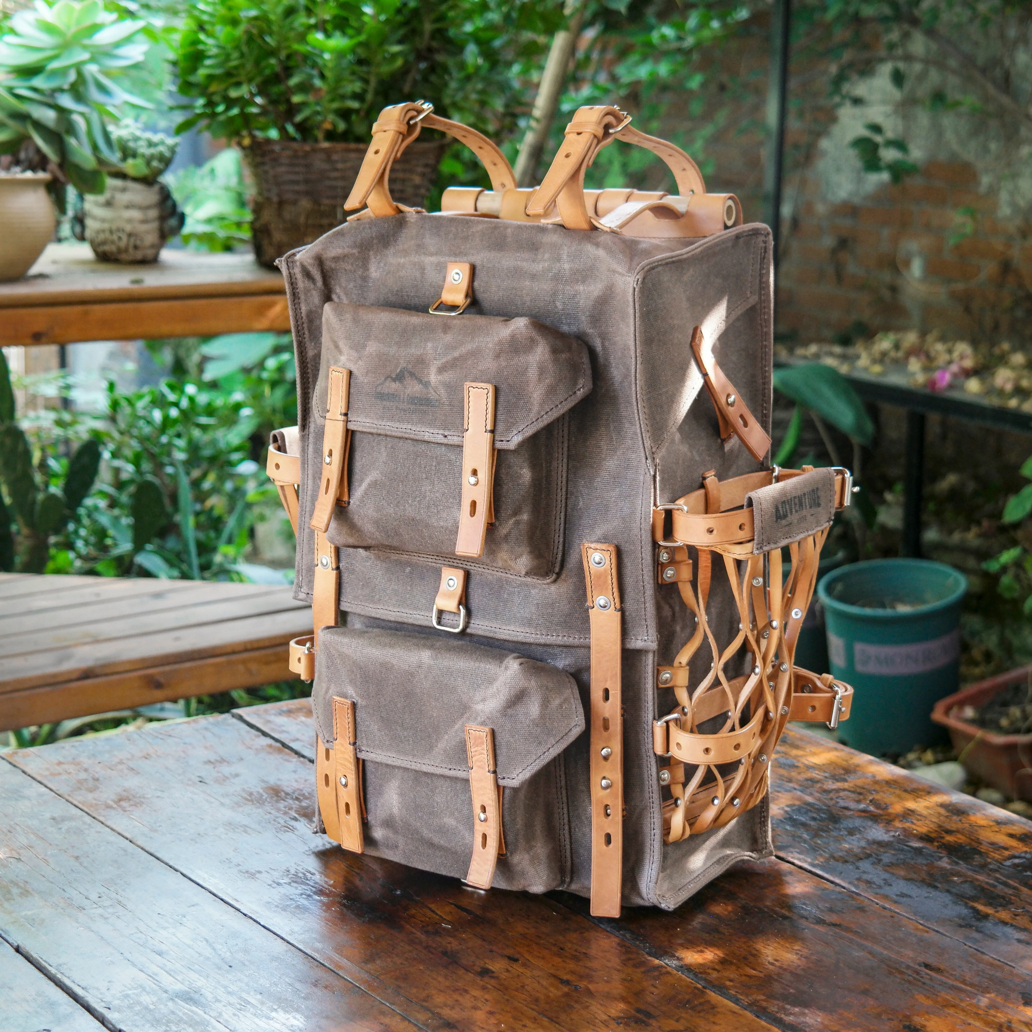 Cotton and linen blended fabric vegetable tanned leather backpack - retro backpack travel, camping, hiking