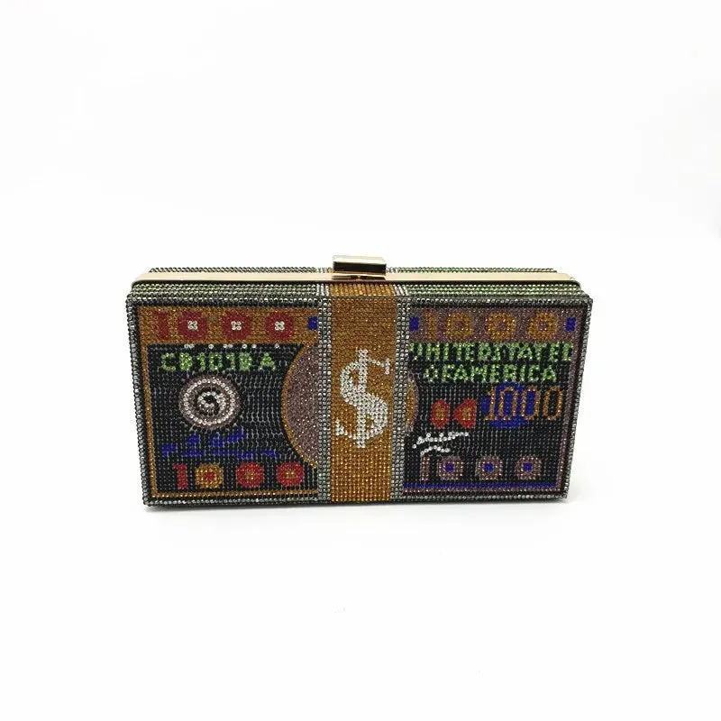 Creative Fashion New Money Clutch Rhinestone Purse 10000 Dollars Stack Bags of Cash Evening Handbags Shoulder Wedding Dinner Bag