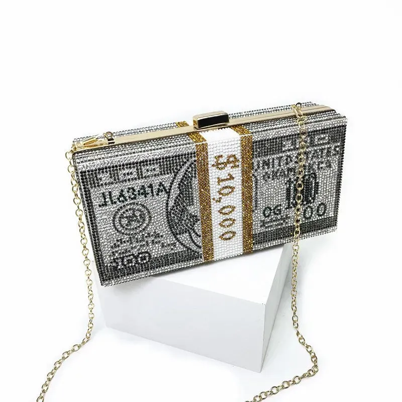 Creative Fashion New Money Clutch Rhinestone Purse 10000 Dollars Stack Bags of Cash Evening Handbags Shoulder Wedding Dinner Bag