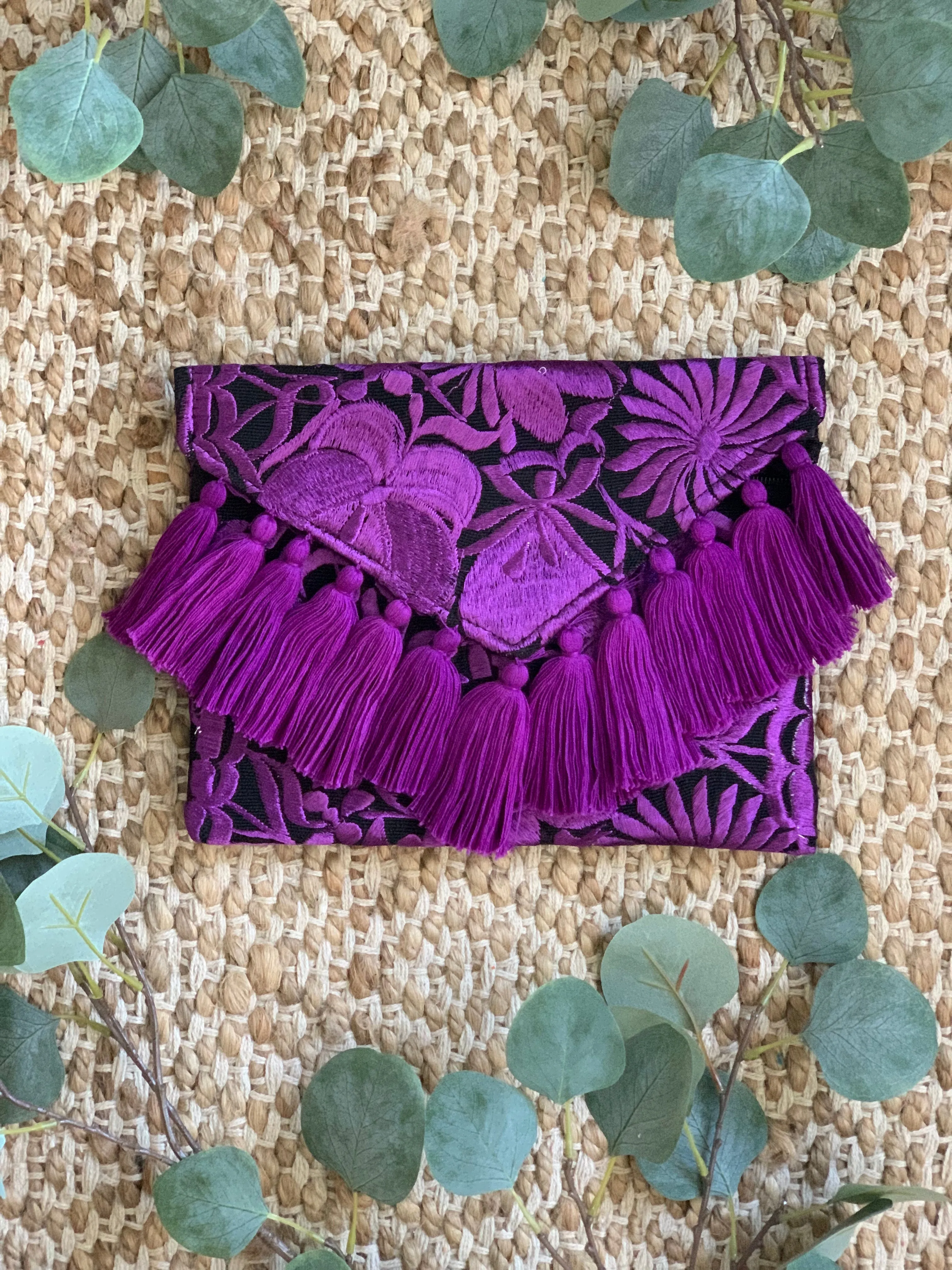 Embroidered Envelope Clutch with Tassels - Black with Purple