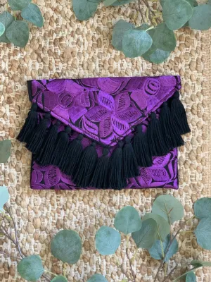 Embroidered Envelope Clutch with Tassels - Black with Purple