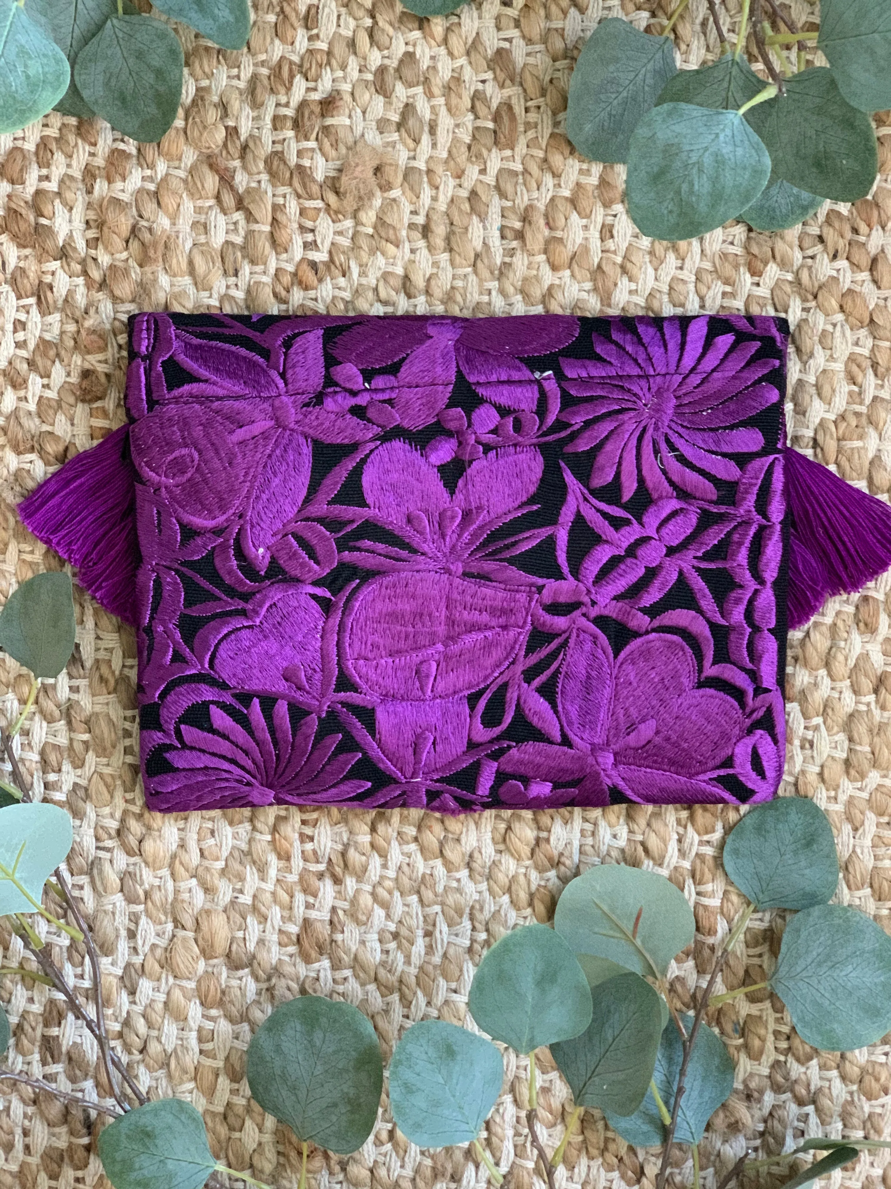 Embroidered Envelope Clutch with Tassels - Black with Purple
