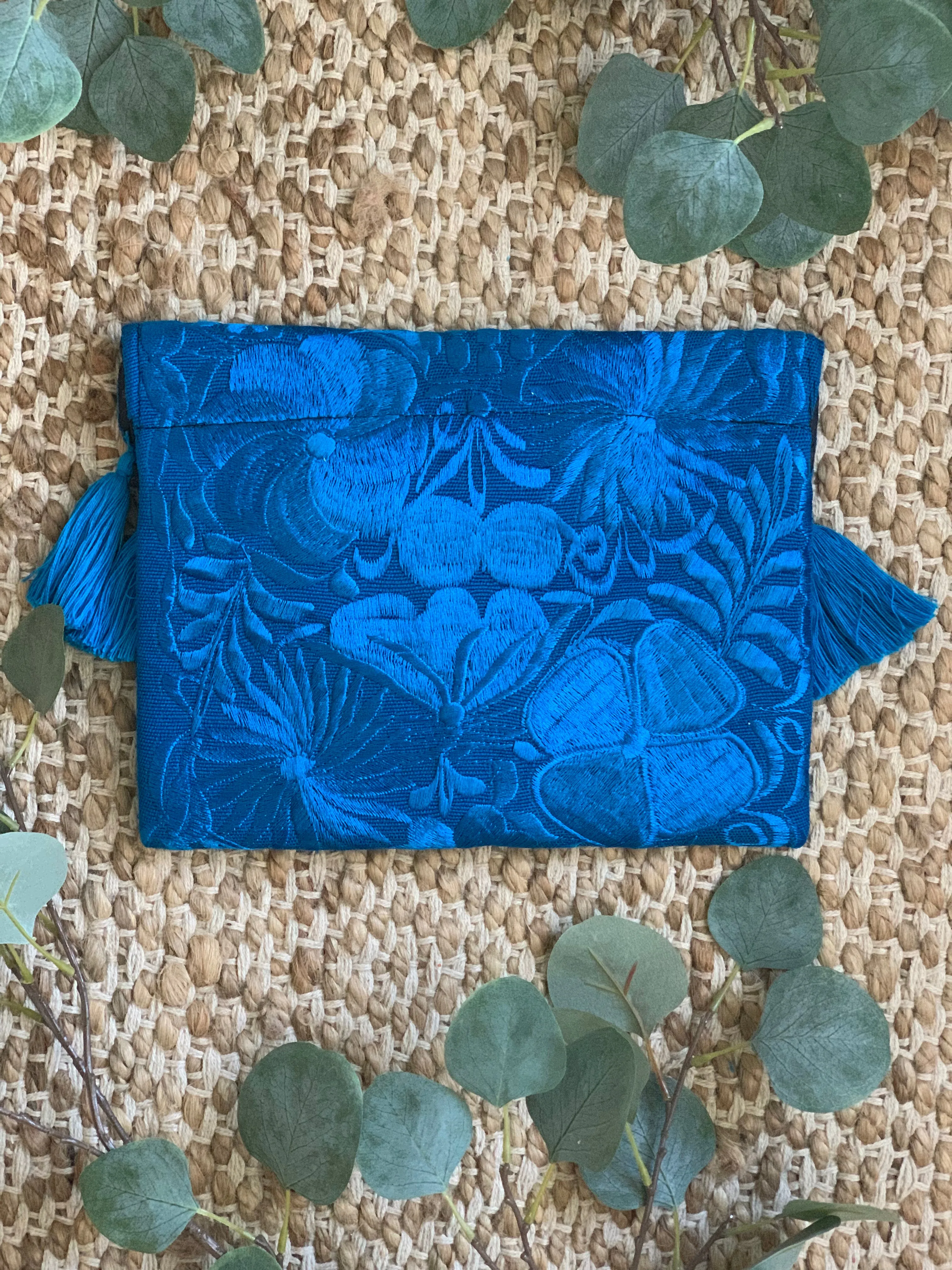 Embroidered Envelope Clutch with Tassels - Sapphire