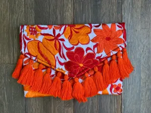Embroidered Envelope Clutch with Tassels - White with Orange and Red