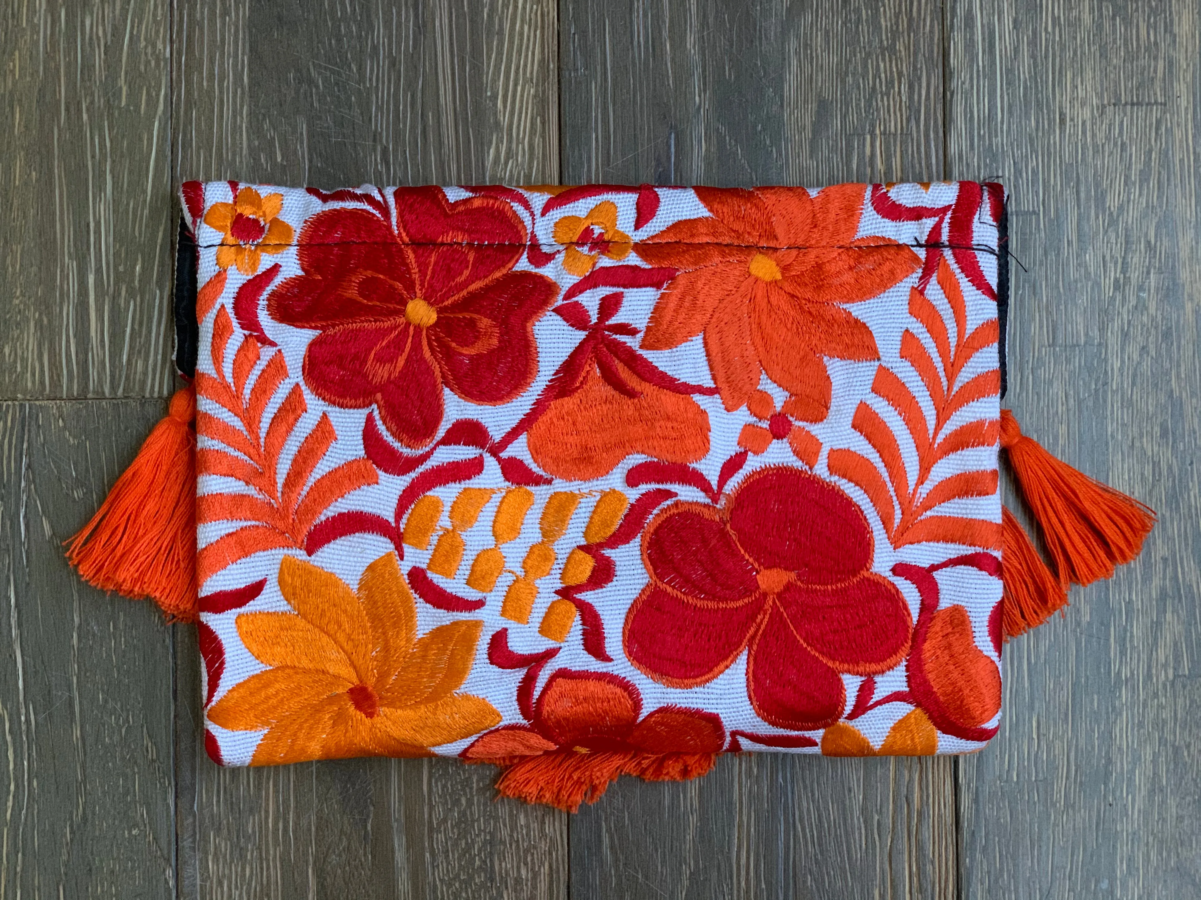 Embroidered Envelope Clutch with Tassels - White with Orange and Red