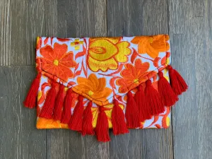 Embroidered Envelope Clutch with Tassels - White with Orange and Yellow