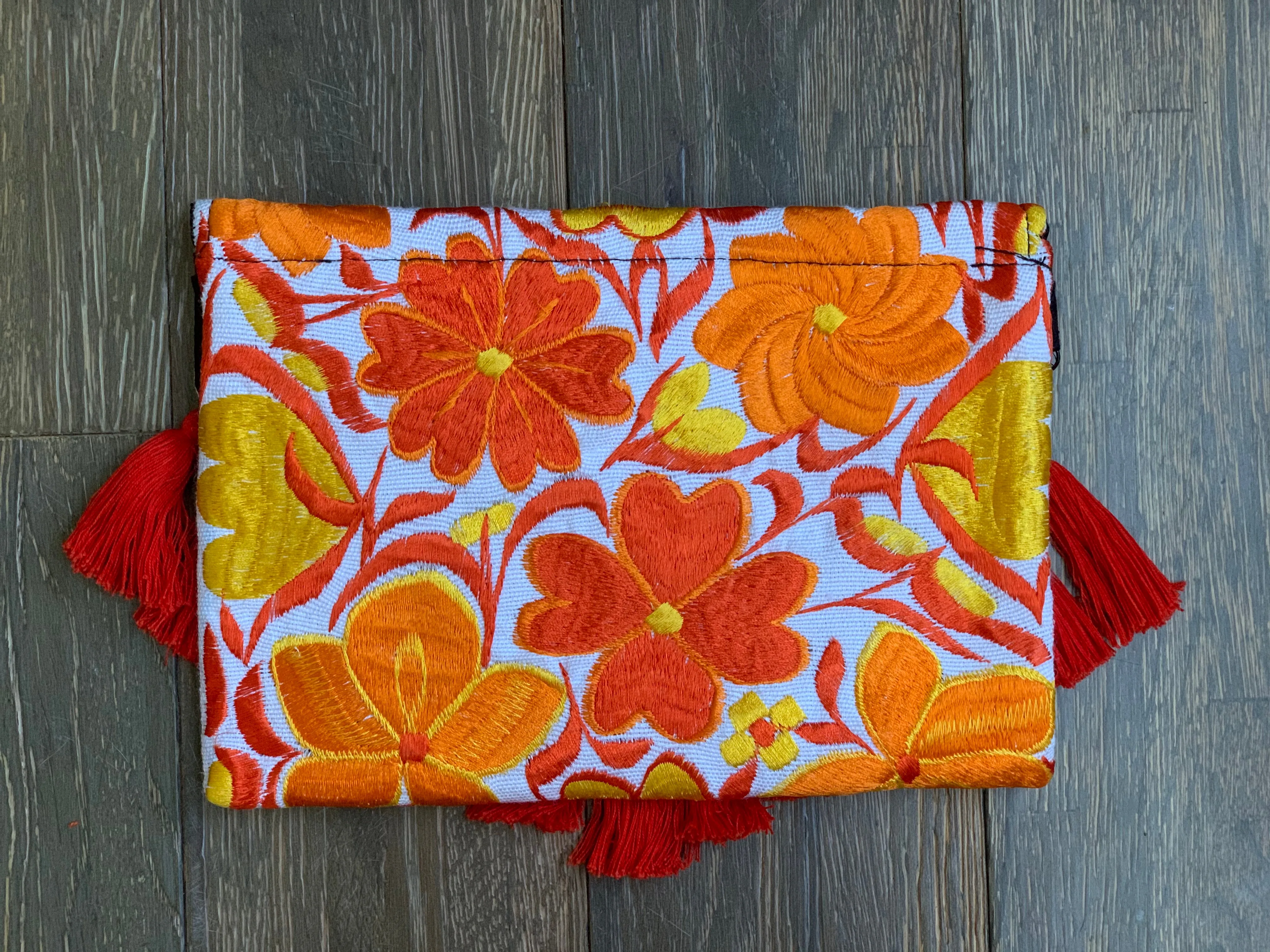 Embroidered Envelope Clutch with Tassels - White with Orange and Yellow