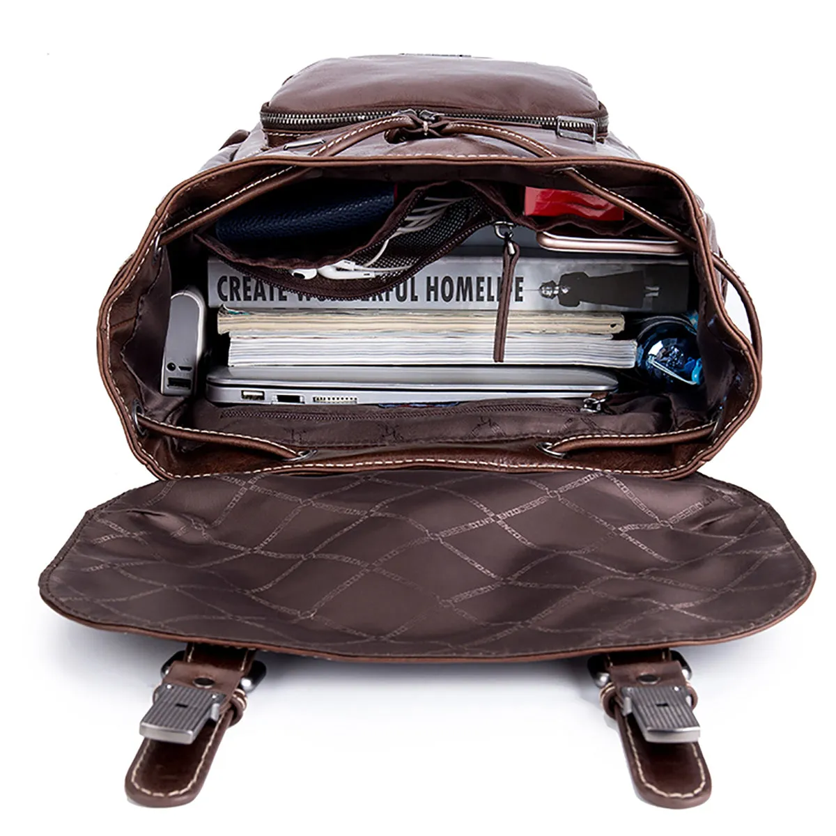 EnzoDesign Cow Nappa Leather Wallet Multi Pockets 15" Laptop Backpack