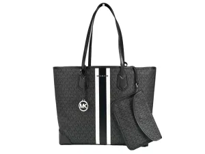 Eva Large Stripe Travel Tote Bag Plus Pouch Black