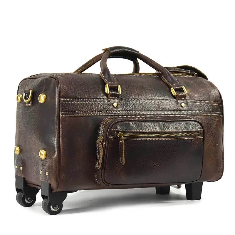 Genuine Leather Rolling Travel Bag with Wheels Men & Women