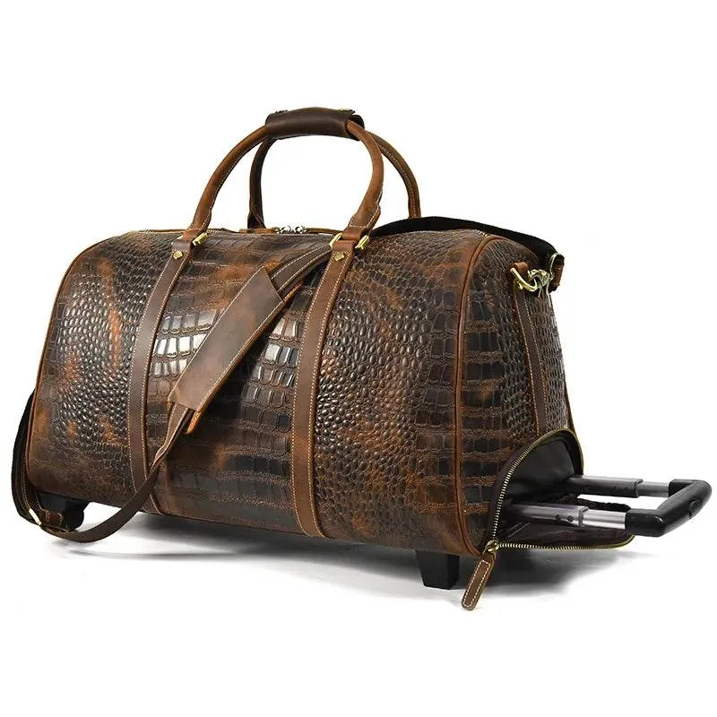 Genuine Leather Rolling Travel Bag with Wheels Men & Women