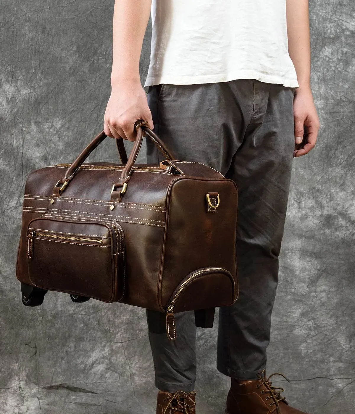 Genuine Leather Rolling Travel Bag with Wheels Men & Women