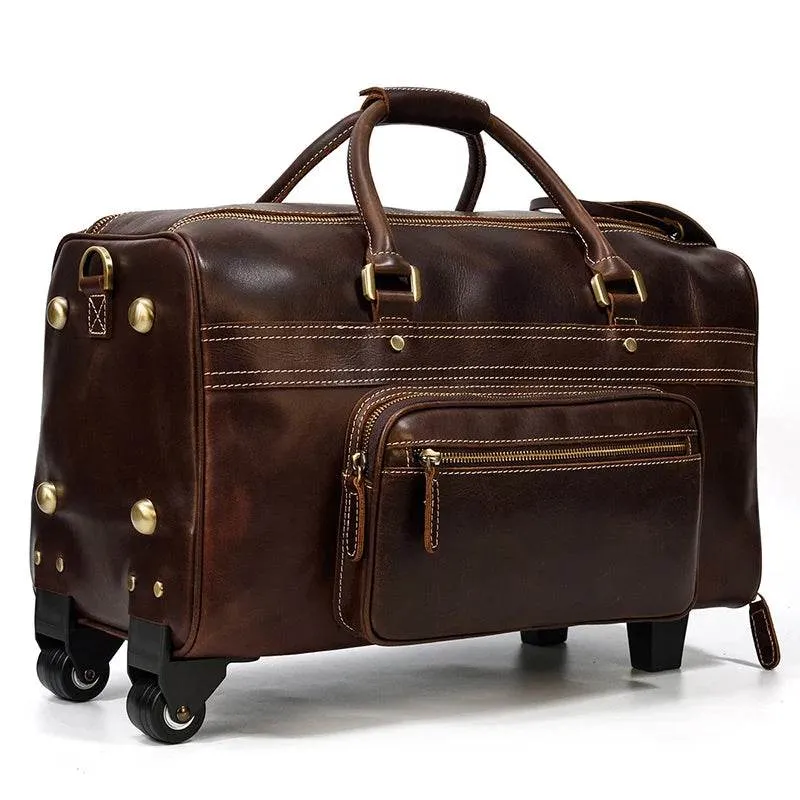 Genuine Leather Rolling Travel Bag with Wheels Men & Women