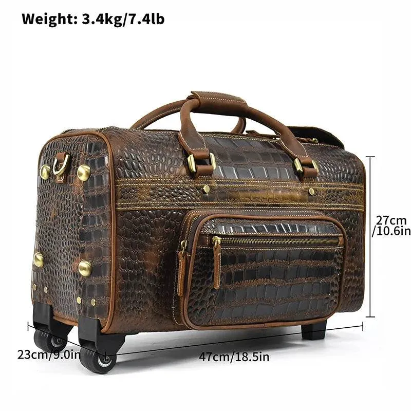 Genuine Leather Rolling Travel Bag with Wheels Men & Women