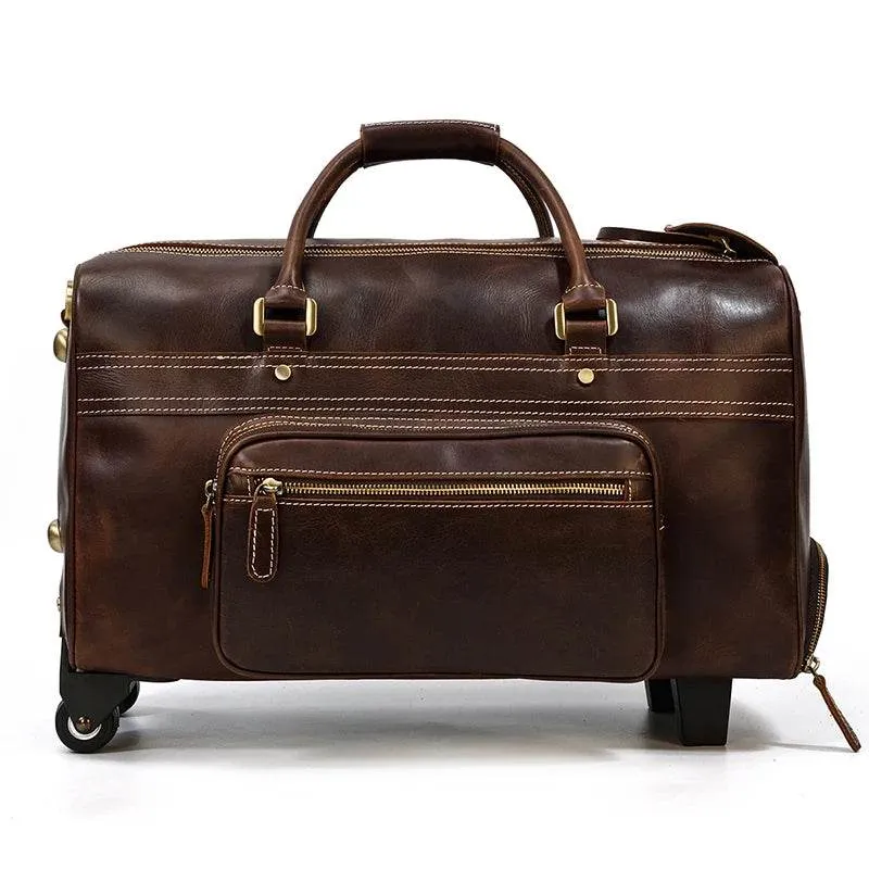 Genuine Leather Rolling Travel Bag with Wheels Men & Women