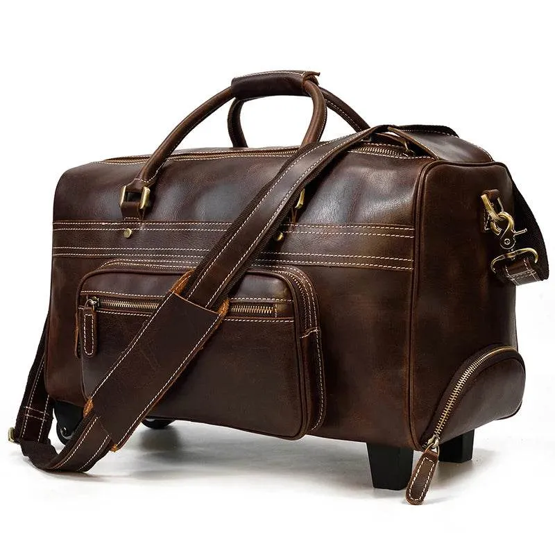 Genuine Leather Rolling Travel Bag with Wheels Men & Women