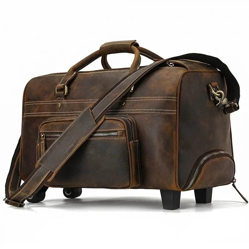 Genuine Leather Rolling Travel Bag with Wheels Men & Women