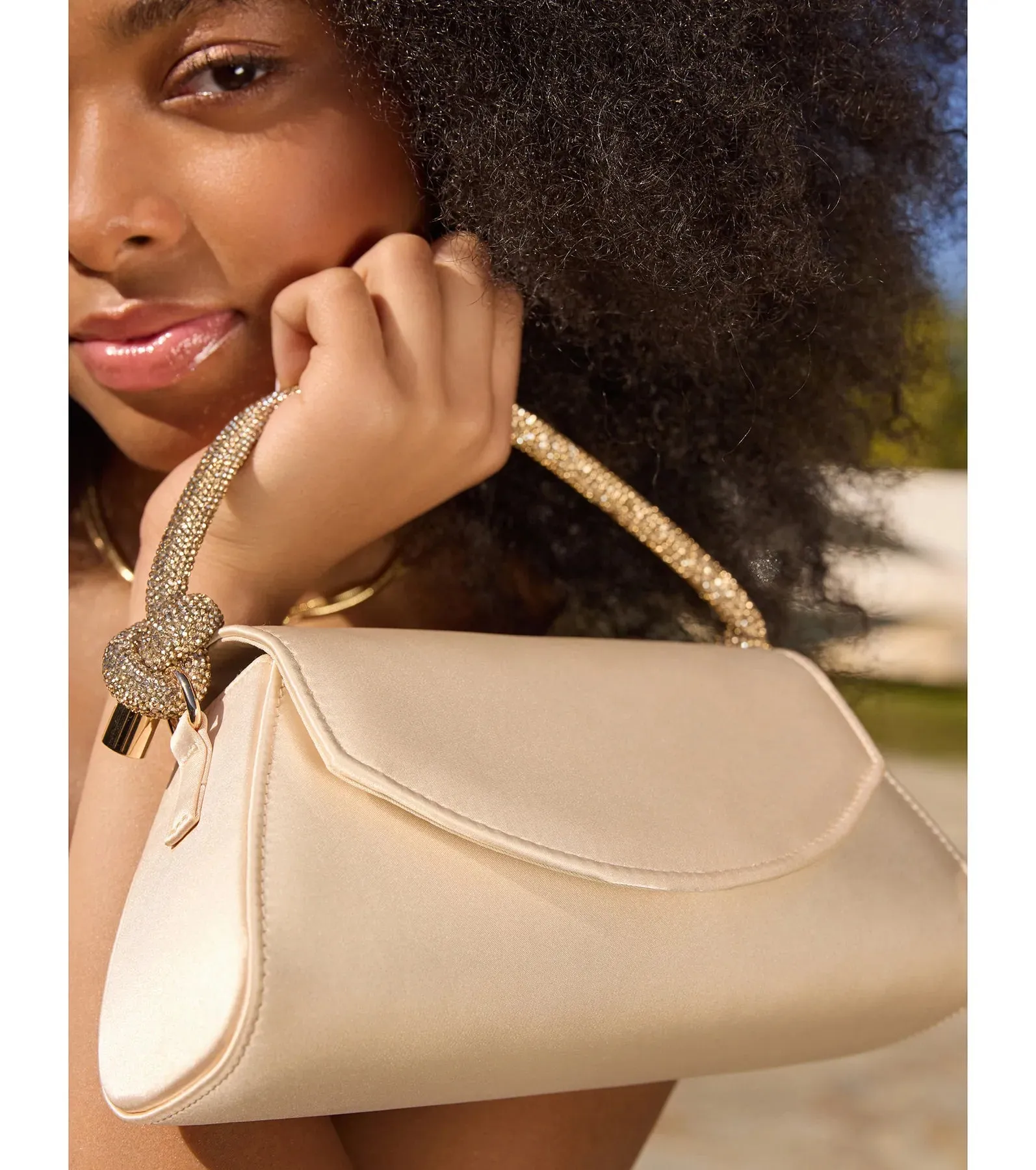 Glam Aspiration Rhinestone Strap Satin Handbag