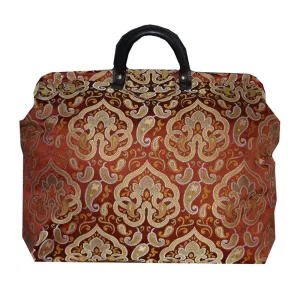 GOLD & SAGE MEDALLION ON RED SATEEN TAPESTRY CARPET BAG
