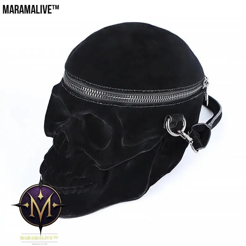 Gothic Velvet Skull Bag 3D Black Zipper Purse Portable Shoulder Tote Goth Hand Bag Skull Bag Motorcycles Bag