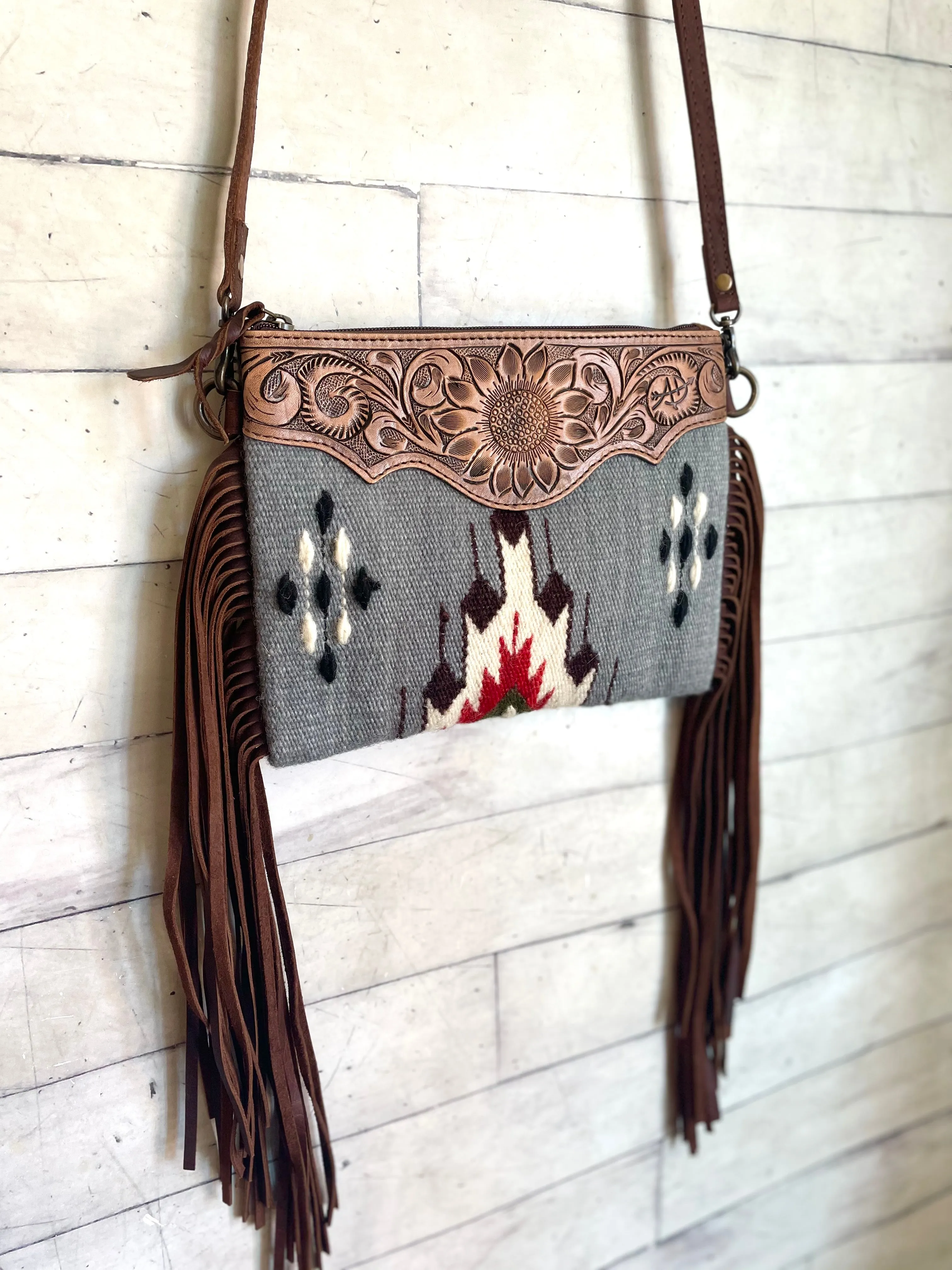Grey, Red, Black Wool, Leather Tooled Fringe Med. Bag