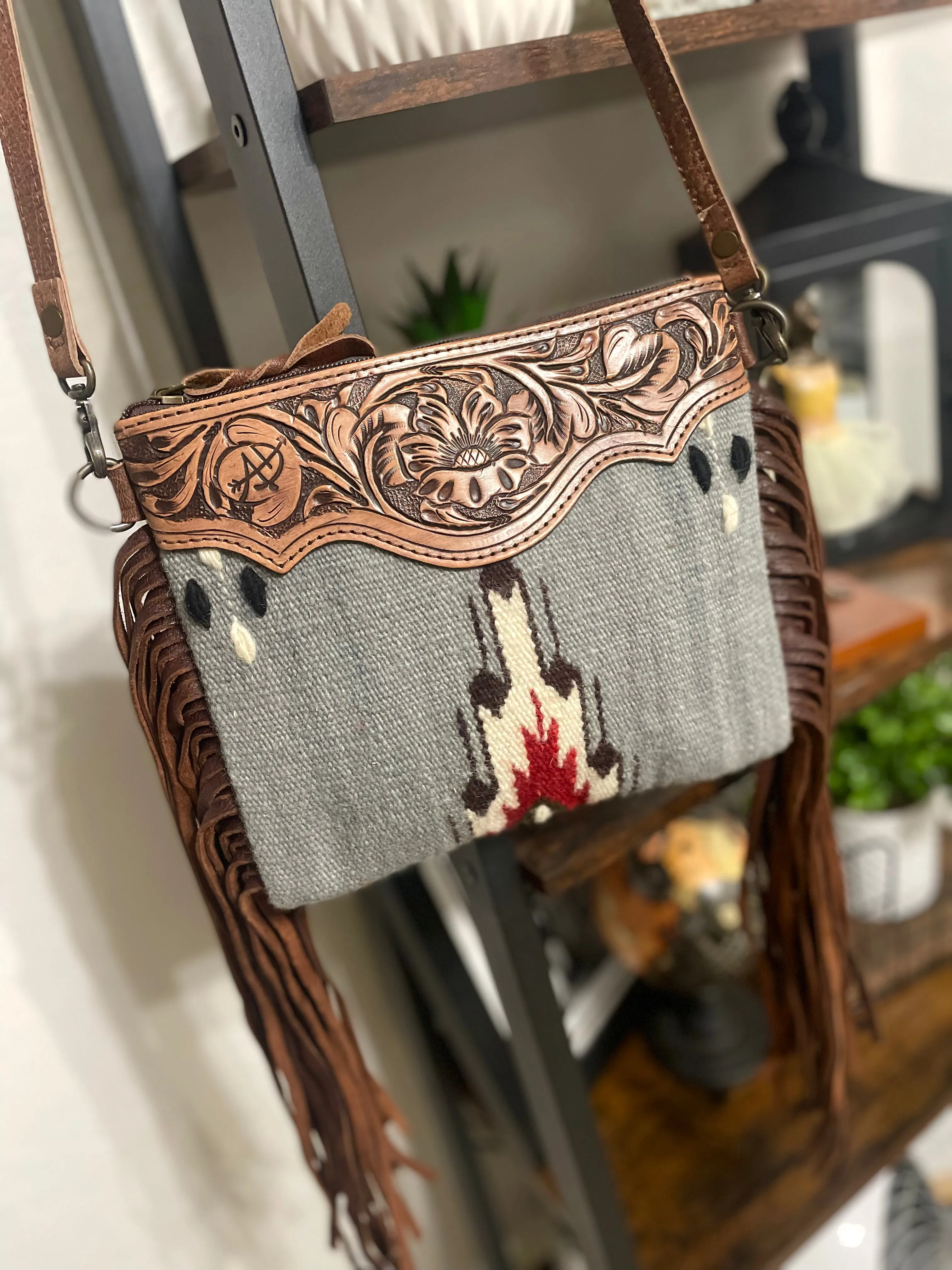 Grey, Red, Black Wool, Leather Tooled Fringe Med. Bag