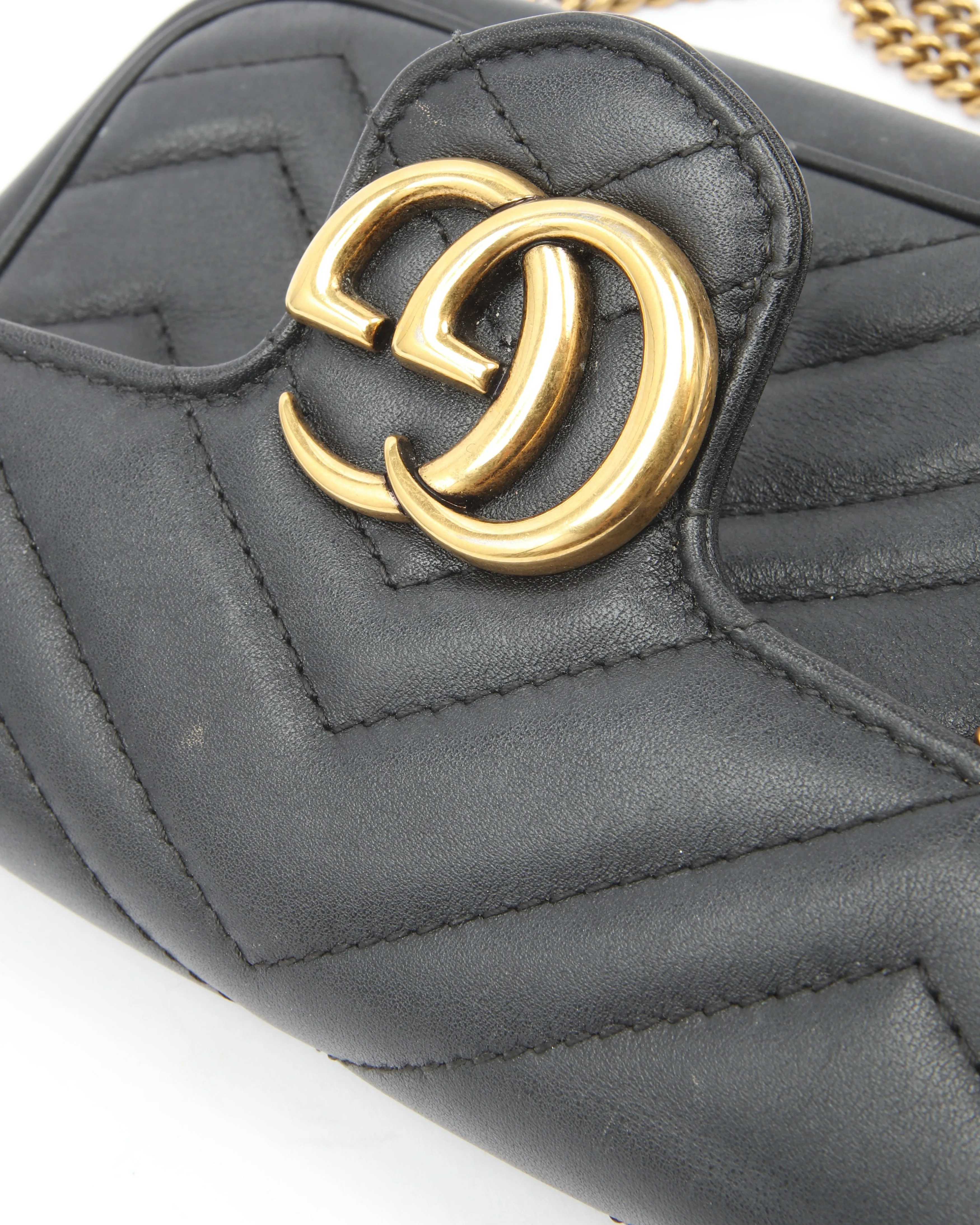 Gucci Black Leather Matelasse Chevron GG Marmont Super Mini Chain Bag