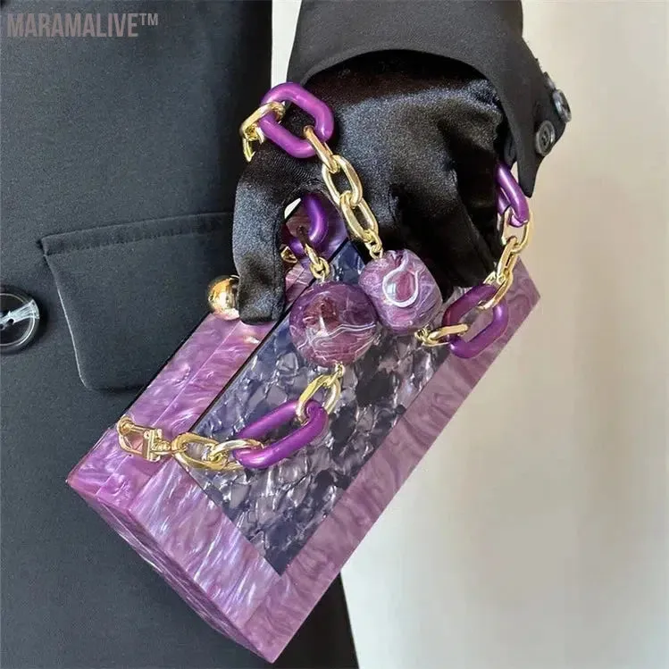 Hot Purple Pearl Acrylic Evening Flap Messenger Shoulder Cross Body Handbag Female Mini Lady Bag Luxury Party Purse Wallet