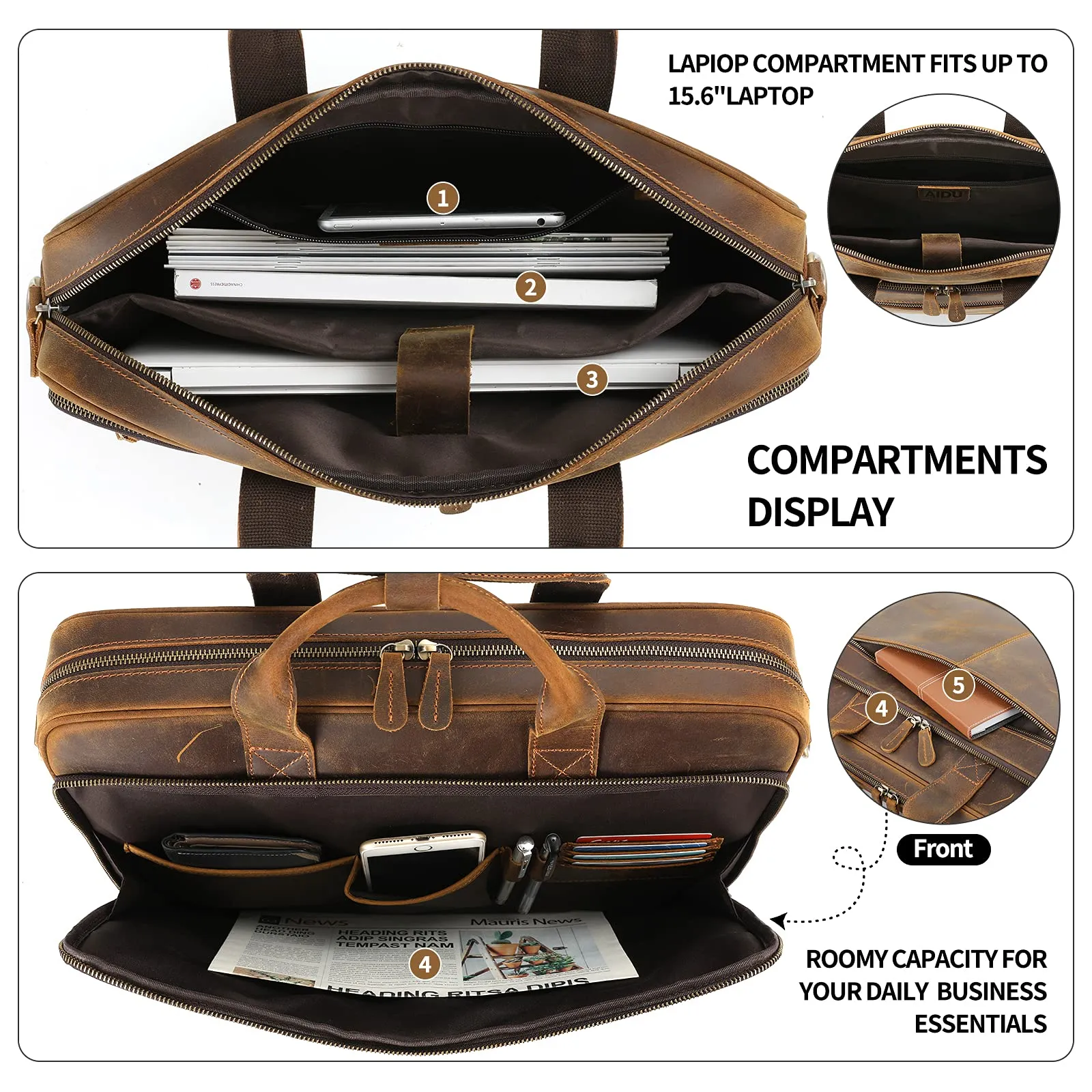 Jack&Chris Leather Briefcases for Men,Mens Laptop Messenger Bag Satchel Shoulder Bag 15.6 Inch Bussiness Attache Case for Work JC44-8,Brown