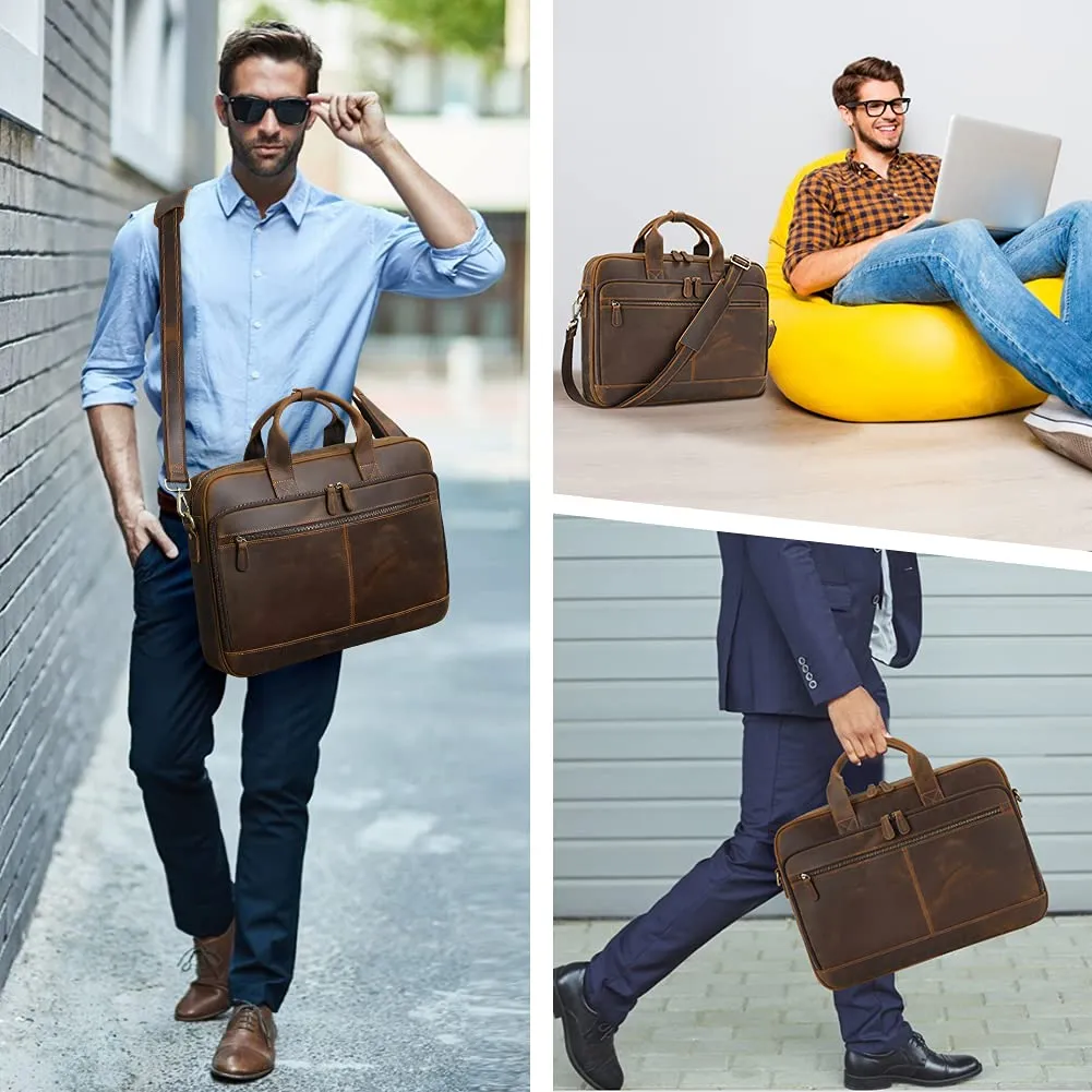 Jack&Chris Leather Briefcases for Men,Mens Laptop Messenger Bag Satchel Shoulder Bag 15.6 Inch Bussiness Attache Case for Work JC44-8,Brown