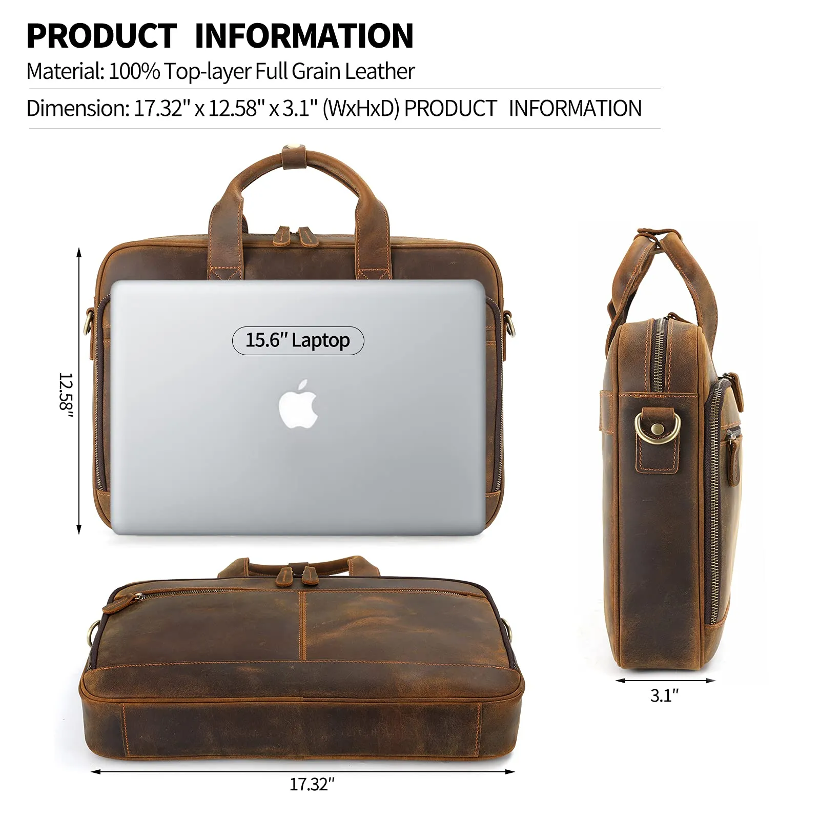 Jack&Chris Leather Briefcases for Men,Mens Laptop Messenger Bag Satchel Shoulder Bag 15.6 Inch Bussiness Attache Case for Work JC44-8,Brown